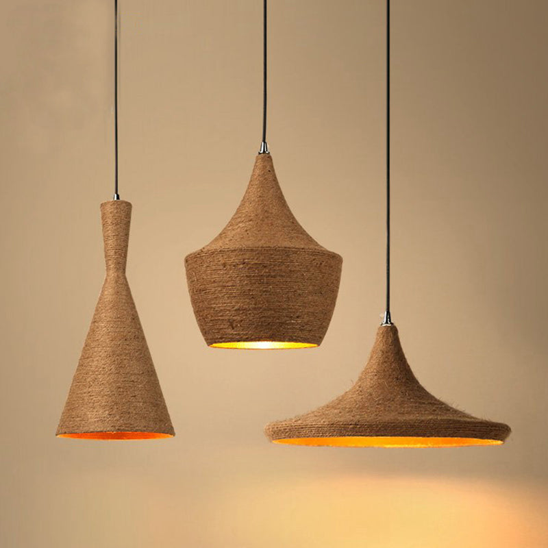 Geometrical Restaurant Suspension Lighting Retro Hemp Rope Single Brown Pendant Ceiling Light