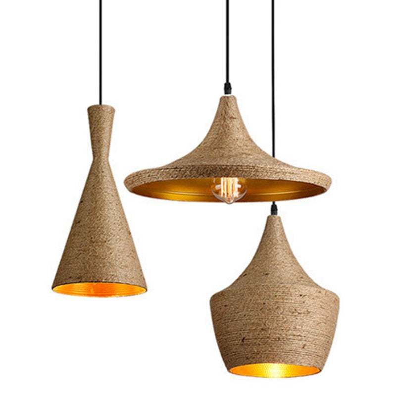 Geometrical Restaurant Suspension Lighting Retro Hemp Rope Single Brown Pendant Ceiling Light