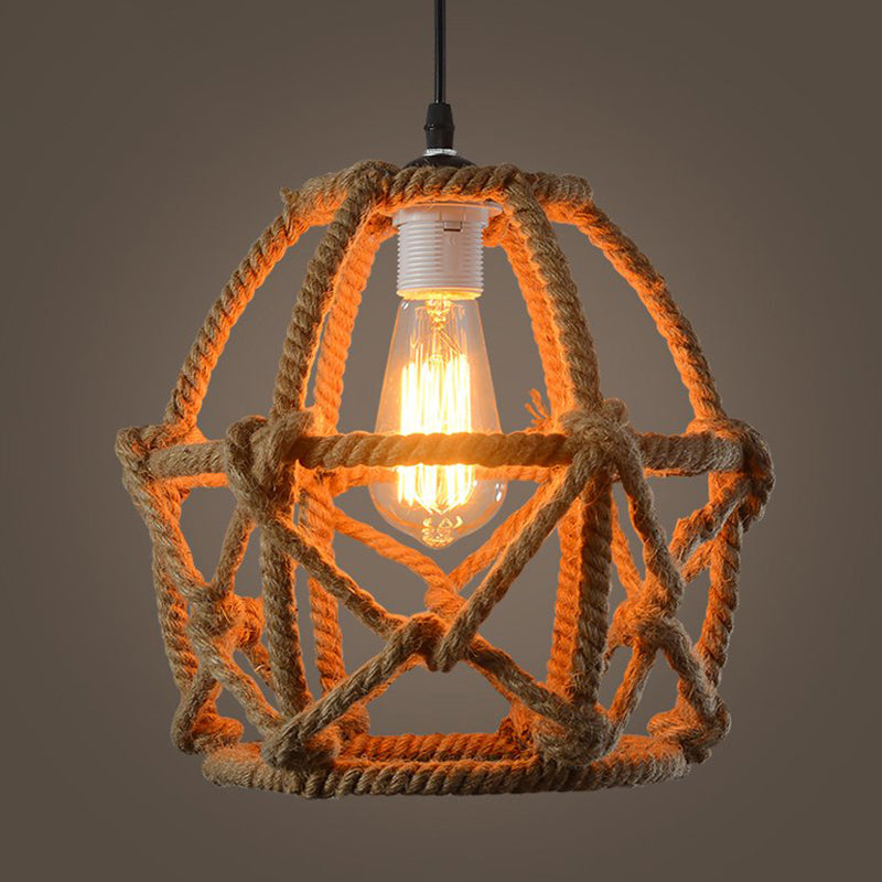 Globe Cage Hemp Rope Pendant Light Antique 1-Light Restaurant Hanging Light Fixture in Brown