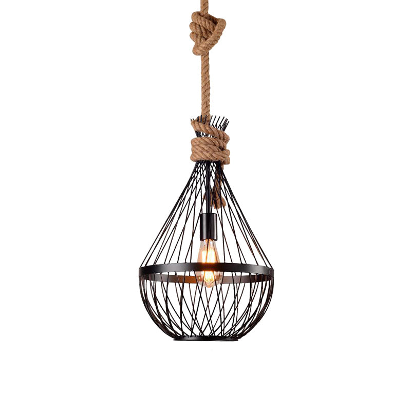 Pear-Shaped Iron Suspension Lighting Retro 1 Head Restaurant Pendant Ceiling Light with Hemp Rope in Black