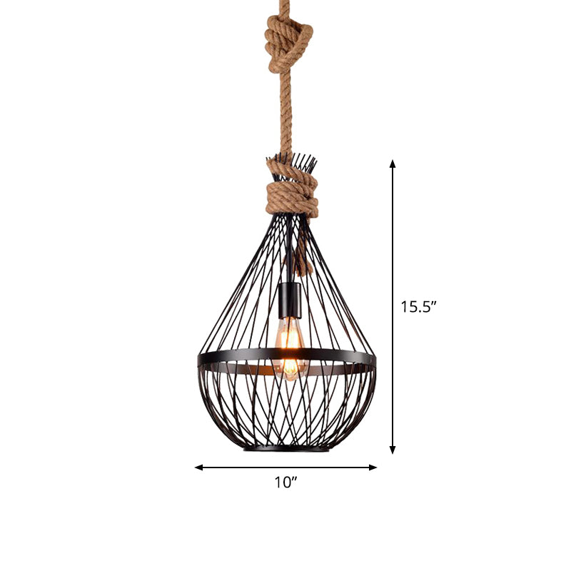 Pear-Shaped Iron Suspension Lighting Retro 1 Head Restaurant Pendant Ceiling Light with Hemp Rope in Black