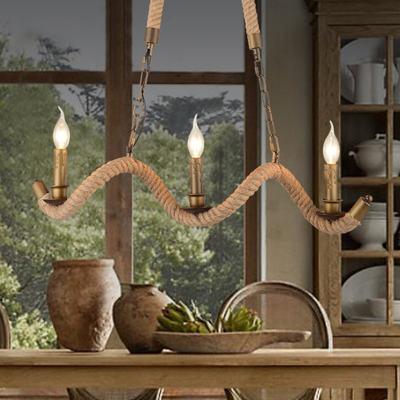 3 Heads Island Pendant Light Vintage Candlestick Iron Ceiling Light with Hemp Rope in Flaxen