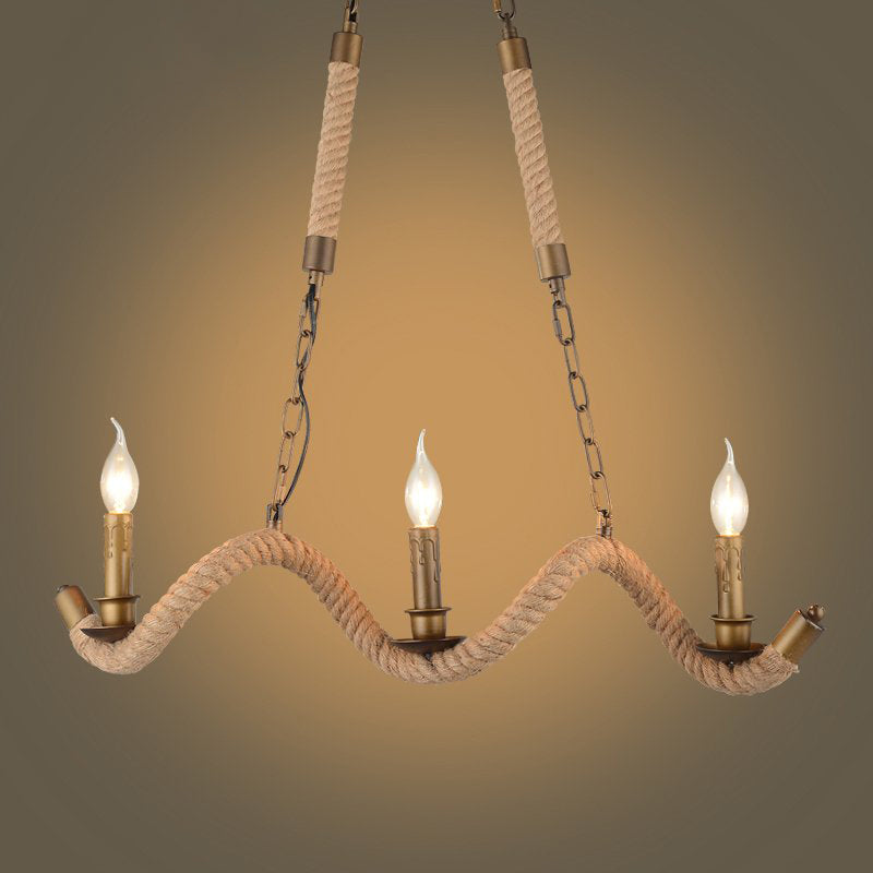3 Heads Island Pendant Light Vintage Candlestick Iron Ceiling Light with Hemp Rope in Flaxen
