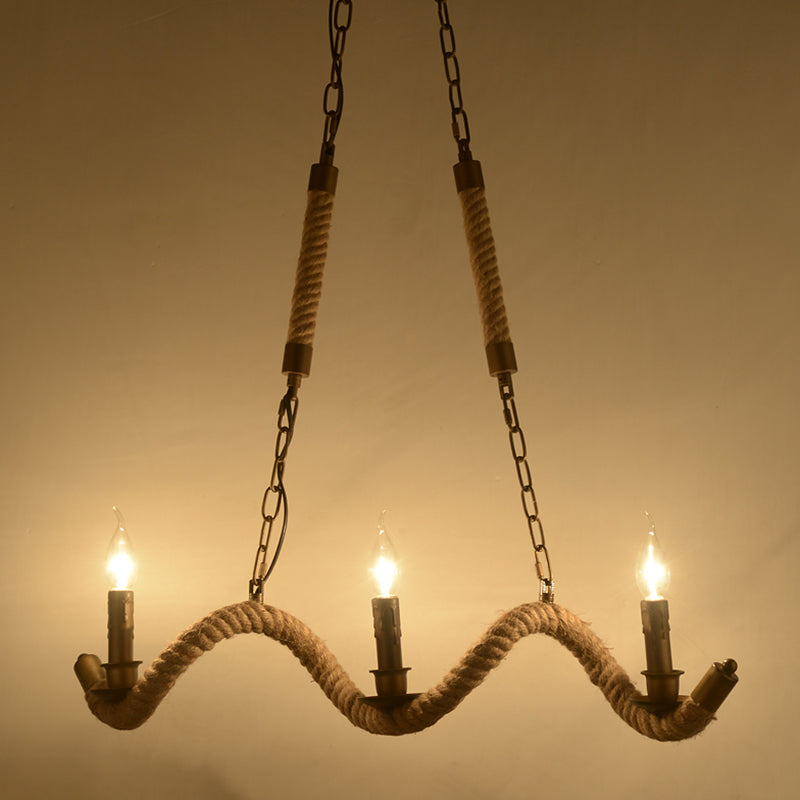 3 Heads Island Pendant Light Vintage Candlestick Iron Ceiling Light with Hemp Rope in Flaxen