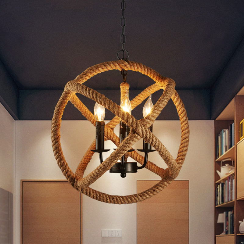 Hemp Rope Flaxen Suspension Lighting Sphere 3 Bulbs Retro Style Pendant Ceiling Light with Metallic Candle