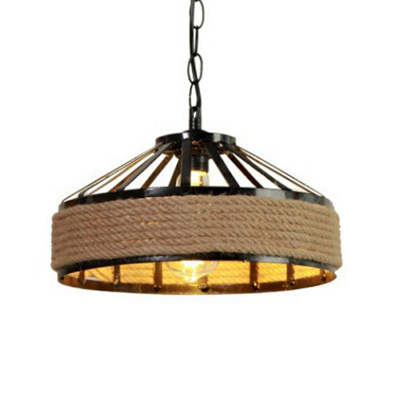Retro Style Yurt Suspension Lighting 1 Head Hemp Rope Pendant Ceiling Light in Brown