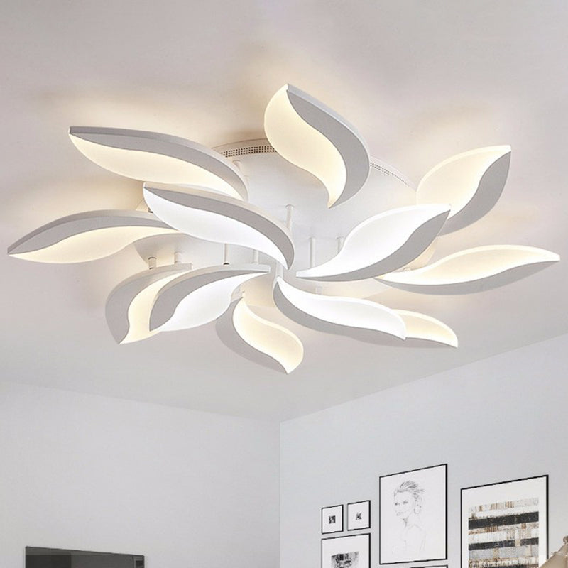Simple Style Leaf LED Semi Flush Lighting Acrylic Living Room Ceiling Mounted Light Fixture in White