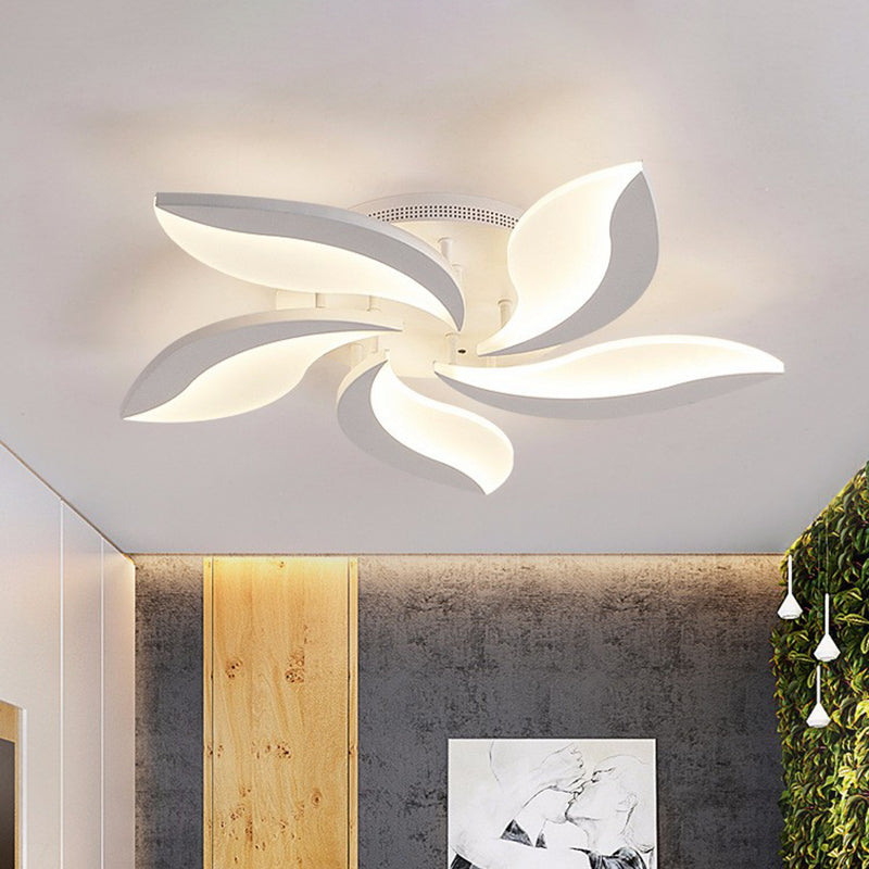 Simple Style Leaf LED Semi Flush Lighting Acrylic Living Room Ceiling Mounted Light Fixture in White