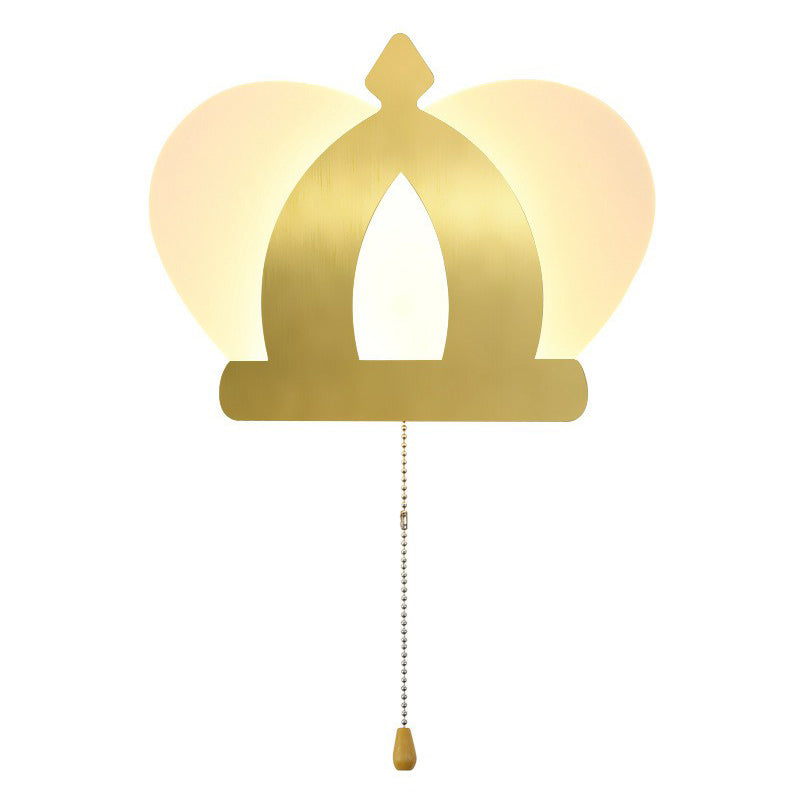 Crown Acrylic Wall Sconce Lamp Modern Style Gold LED Wall Lighting Fixture with Pull Chain for Bedroom