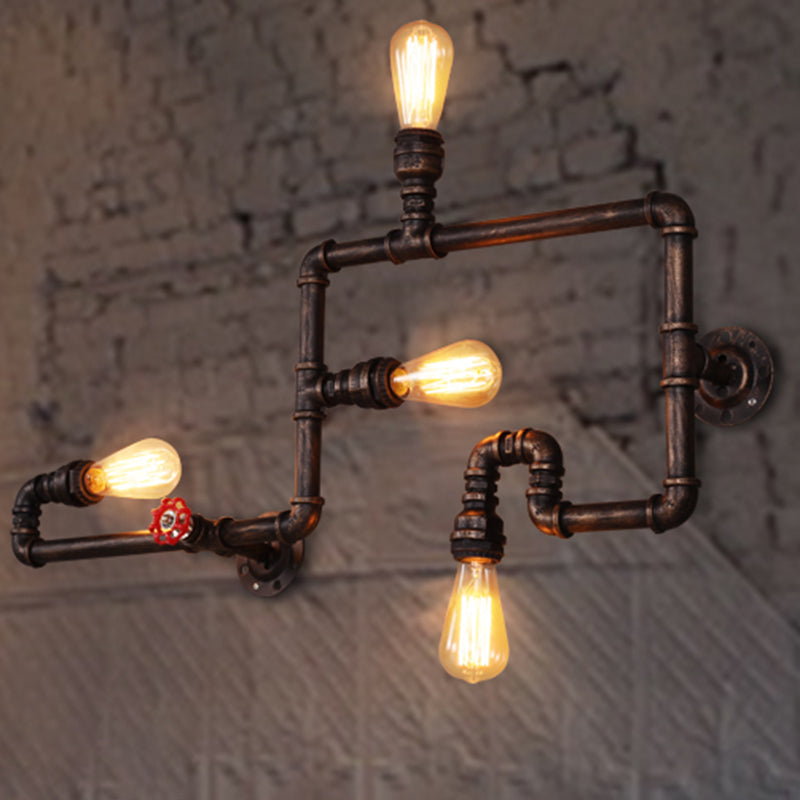 Iron Water Pipe Wall Light Fixture Vintage 4-Light Restaurant Wall Mount Light with Valve Handle in Rust
