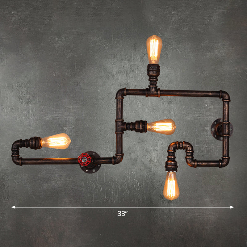 Iron Water Pipe Wall Light Fixture Vintage 4-Light Restaurant Wall Mount Light with Valve Handle in Rust