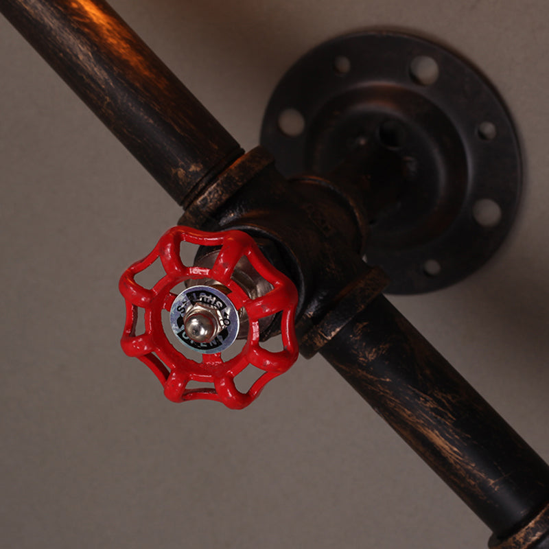 Iron Water Pipe Wall Light Fixture Vintage 4-Light Restaurant Wall Mount Light with Valve Handle in Rust