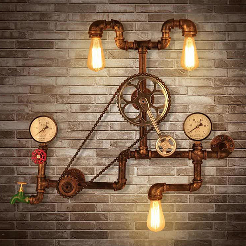 Bronze Pipe Wall Mount Light Industrial 3 Heads Restaurant Wall Light Fixture with Sprocket Chain
