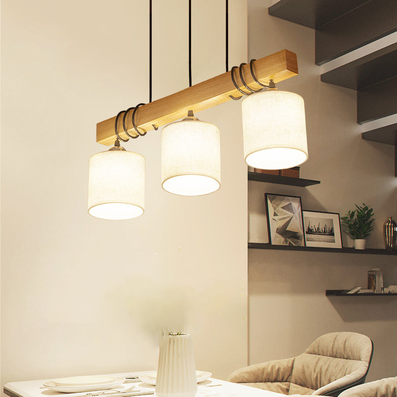 Cylindrical Dining Room LED Hanging Light Fabric Nordic Style Island Ceiling Light in Wood
