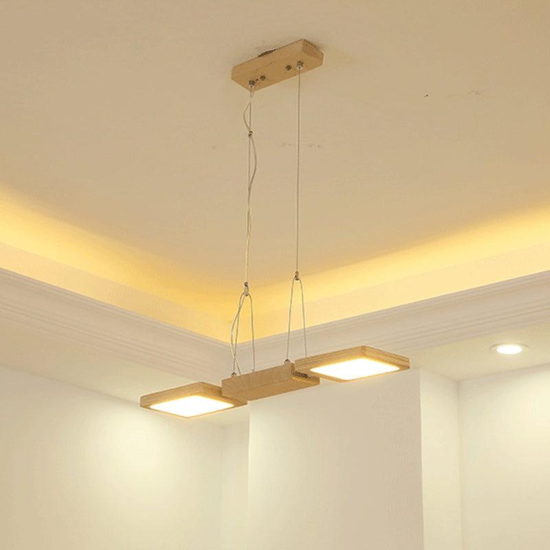 Japanese Style Square LED Pendant Light Wood Restaurant Hanging Island Lighting with Acrylic Shade