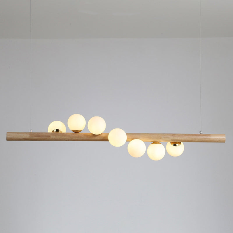 Ball Island Pendant Light Minimalist Cream Glass Restaurant LED Ceiling Light in Wood