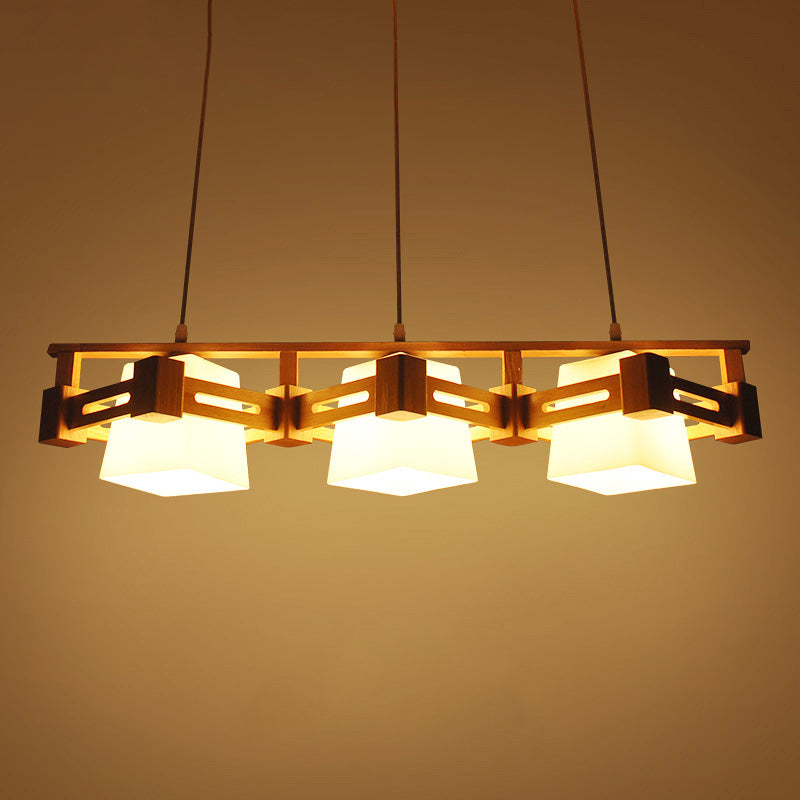 Japanese Trapezoid Hanging Light Cream Glass 3 Bulbs Dining Room Island Ceiling Light in Wood