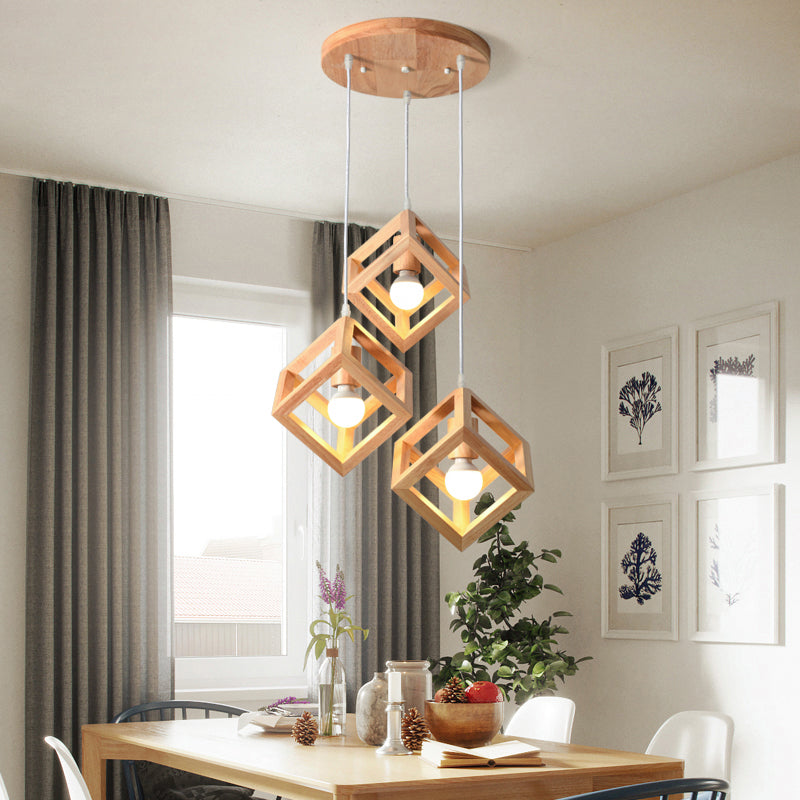 Geometric Dining Room Multi Ceiling Light Wood 3 Bulbs Minimalist Hanging Pendant Light