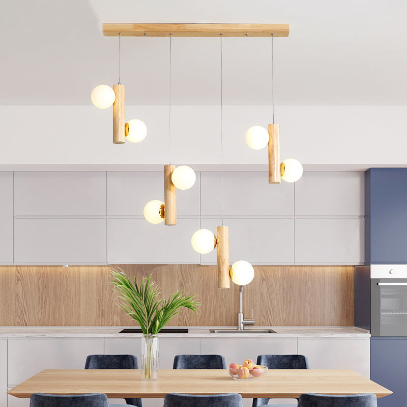 Contemporary Modo Suspension Light Cream Glass Dining Room Multi Light Pendant in Wood