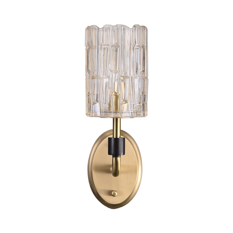 1/2-Head Bedside Wall Sconce Contemporary Style Brass Wall Lighting with Cylinder Clear Crystal Shade
