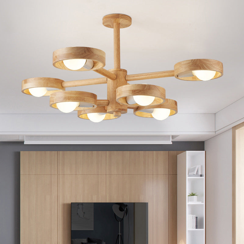 Circular Shaped Ceiling Lighting Contemporary Wood Living Room Chandelier Light Fixture