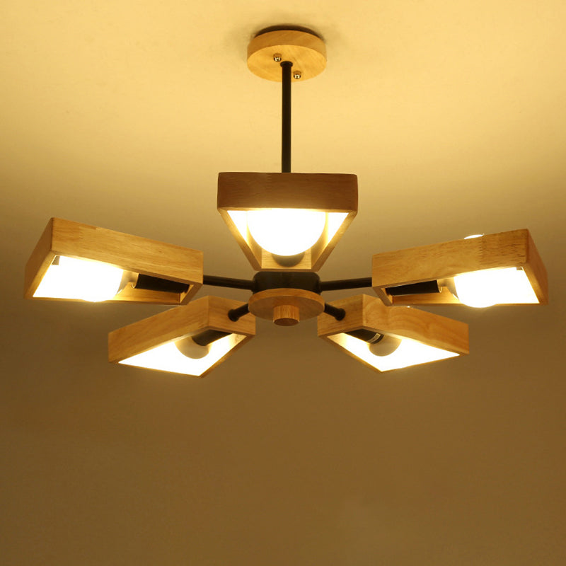 Trapezoid Frame Living Room Suspension Light Wood Minimalist Chandelier Lighting Fixture