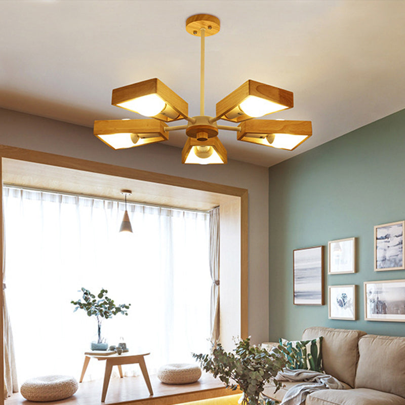 Trapezoid Frame Living Room Suspension Light Wood Minimalist Chandelier Lighting Fixture