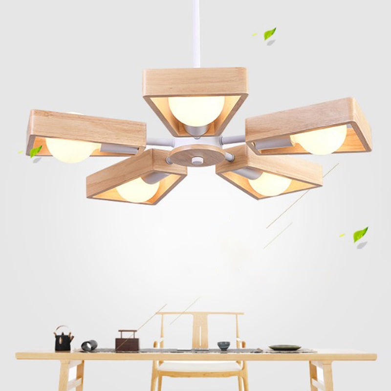 Trapezoid Frame Living Room Suspension Light Wood Minimalist Chandelier Lighting Fixture