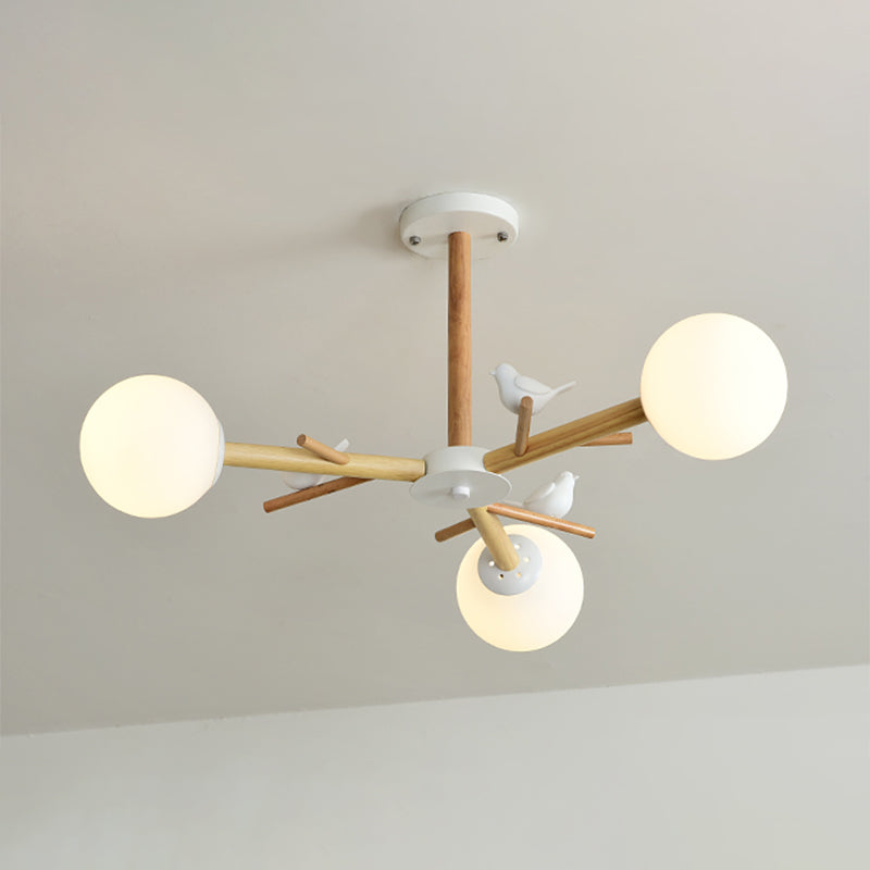 Modern Style Globe Chandelier Light Opal Glass Living Room Pendant Light Fixture in Wood