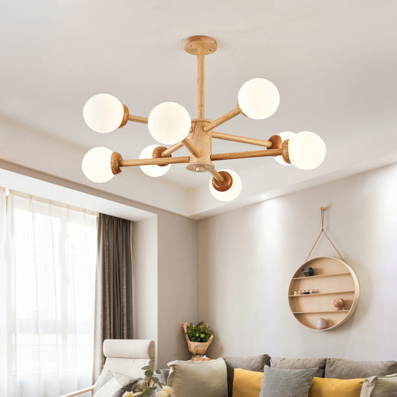Modo Shaped Suspension Light Minimalist Cream Glass Bedroom Chandelier Light in Wood