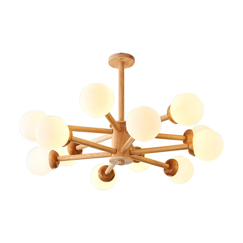 Modo Shaped Suspension Light Minimalist Cream Glass Bedroom Chandelier Light in Wood