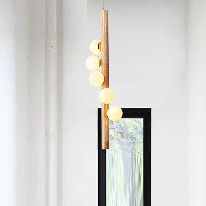 Modo Chandelier Lighting Contemporary Cream Glass 5 Heads Restaurant Pendant Light in Wood