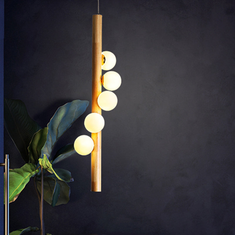 Modo Chandelier Lighting Contemporary Cream Glass 5 Heads Restaurant Pendant Light in Wood