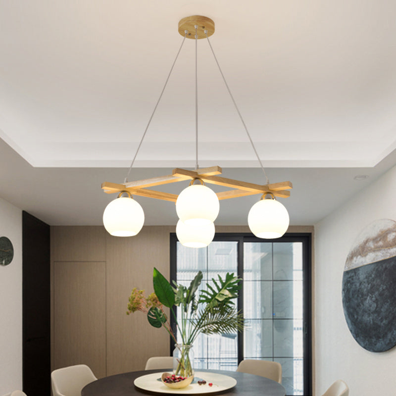 Sphere Living Room Chandelier Pendant Light Cream Glass 4 Bulbs Japanese Hanging Light in Wood
