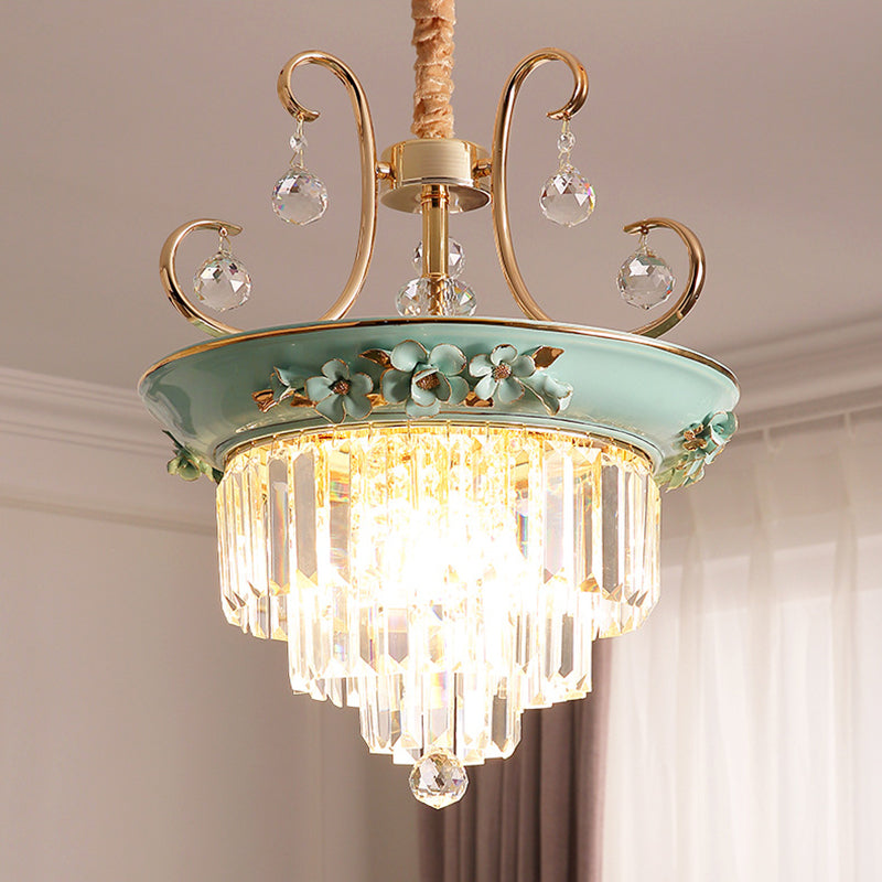 3 Bulbs Tiered Ceiling Chandelier Modernism Crystal Hanging Pendant Light in White/Green