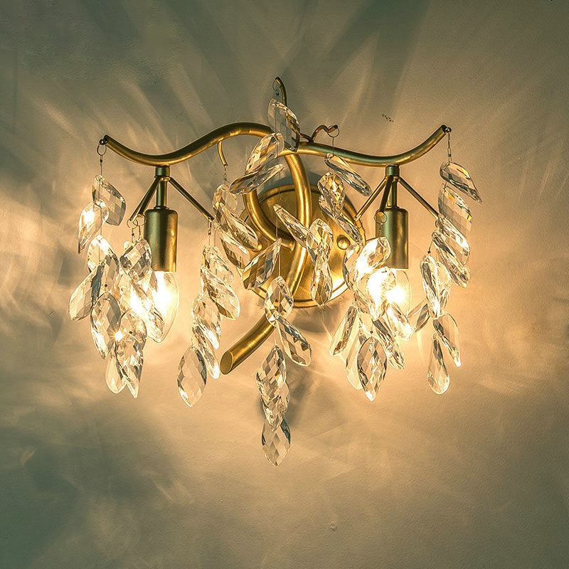 Metal Branch Wall Lighting Modernist Style 2 Bulbs Brass Finish Wall Sconce Lamp with Clear Crystal Leaf Deco