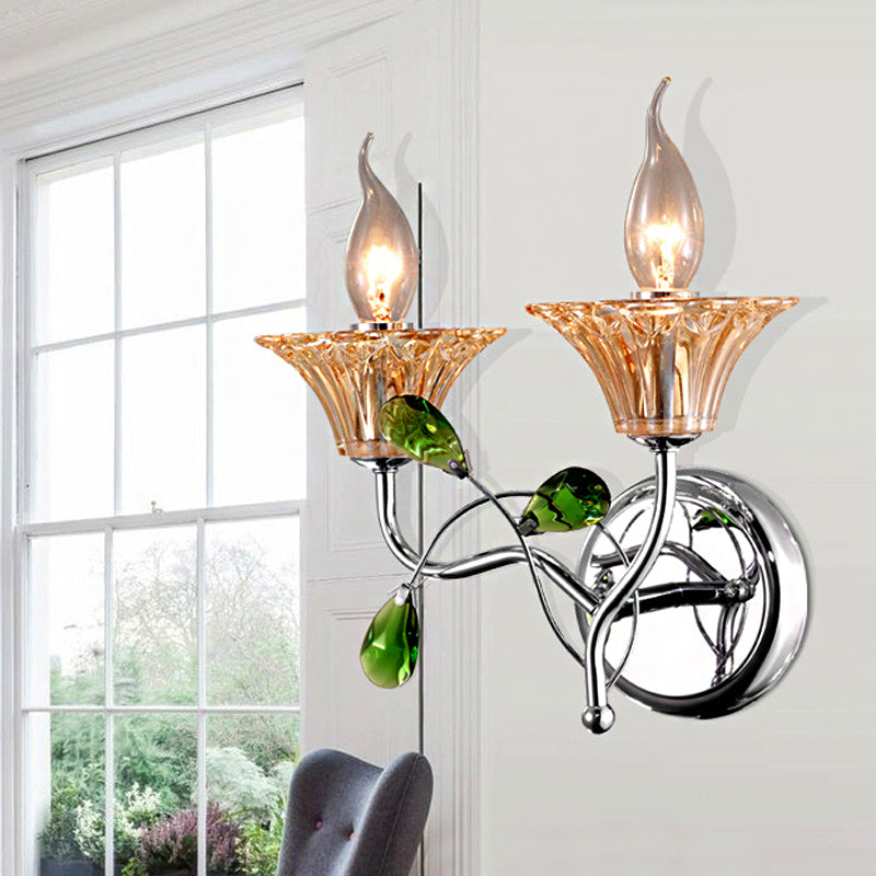 Bell Amber Glass Sconce Lampe Vintage Elemy 2 Lights Chrome Light Wall With Green Teardrop Crystal déco