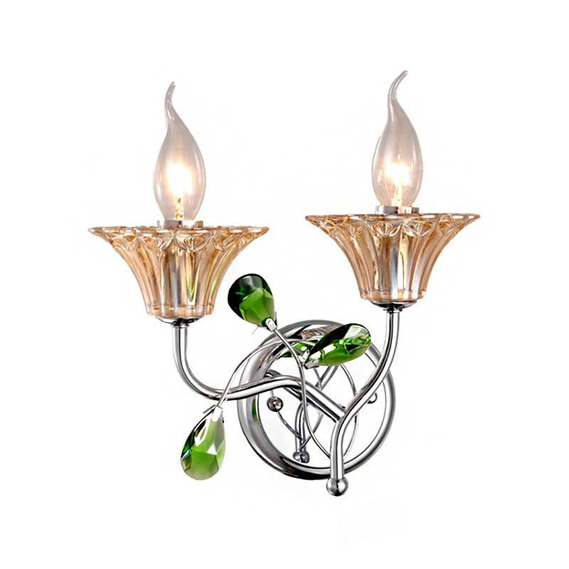 Bell Amber Glass Sconce Lampe Vintage Elemy 2 Lights Chrome Light Wall With Green Teardrop Crystal déco