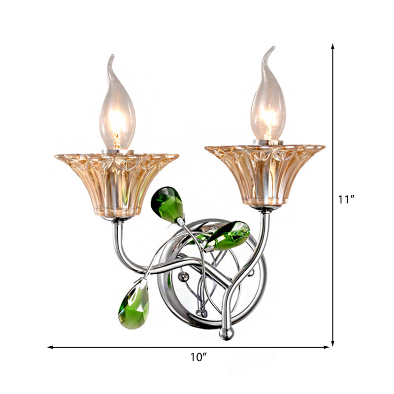 Bell Amber Glass Sconce Lampe Vintage Elemy 2 Lights Chrome Light Wall With Green Teardrop Crystal déco