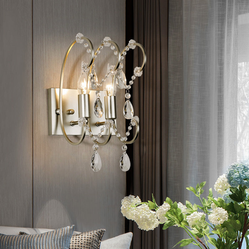 Exposed Sconce Lighting Vintage Metallic 2 Bulbs Chrome Wall Mount Light with Clear Crystal Bead Deco for Living Room