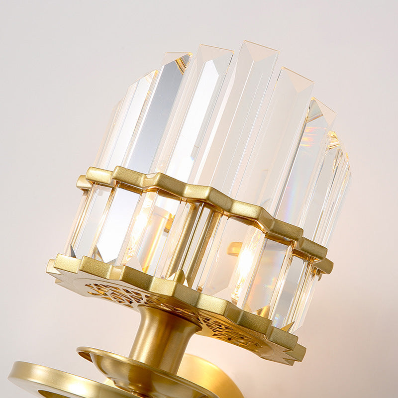 Clear Crystal Prism Wall Lighting Fixture Contemporary 1 Light Wall Lamp with Round Backplate in Brass