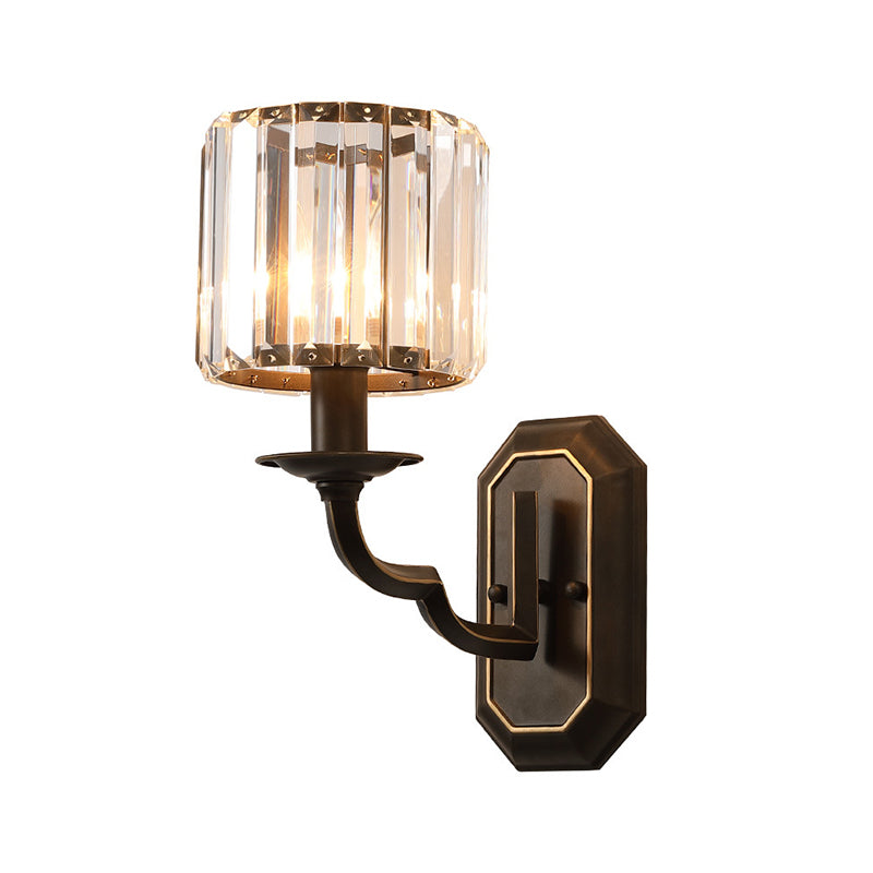Cylindrical Wall Lighting Fixture Vintage Metallic 1 Head Black Wall Mount Lamp with Clear Faceted Crystal