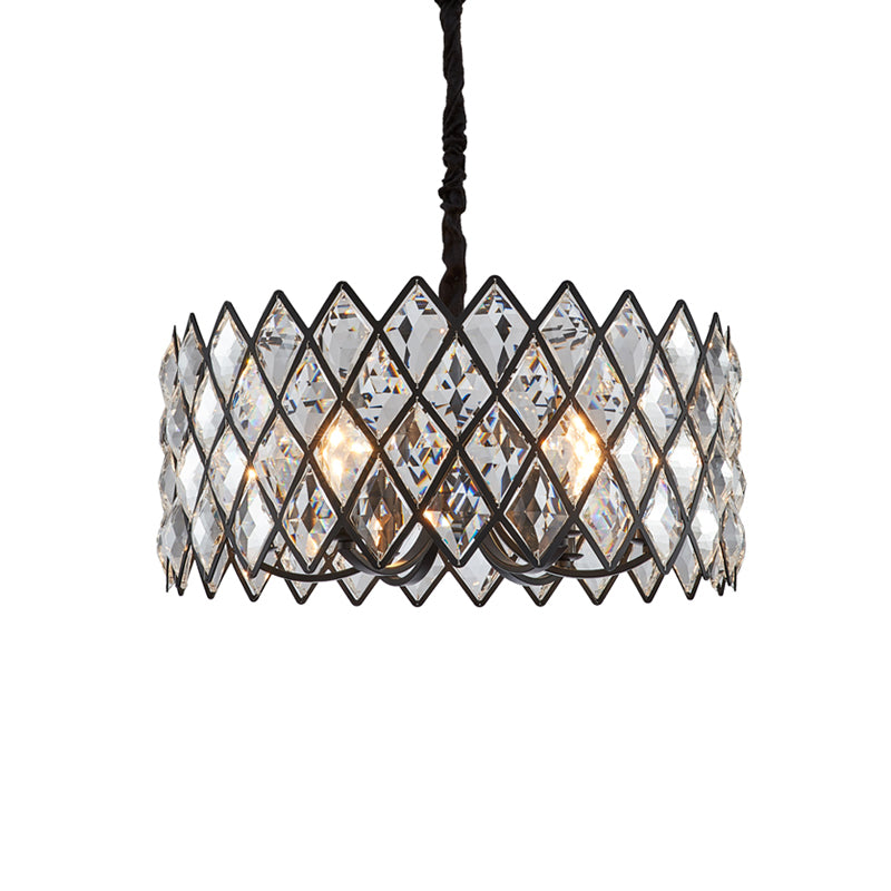 5 Light Living Room Ceiling Pendant Postmodern Black Chandelier Light with Drum Crystal and Metal Shade