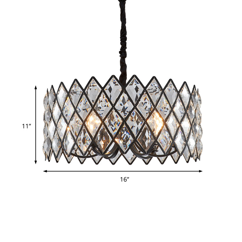 5 Light Living Room Ceiling Pendant Postmodern Black Chandelier Light with Drum Crystal and Metal Shade