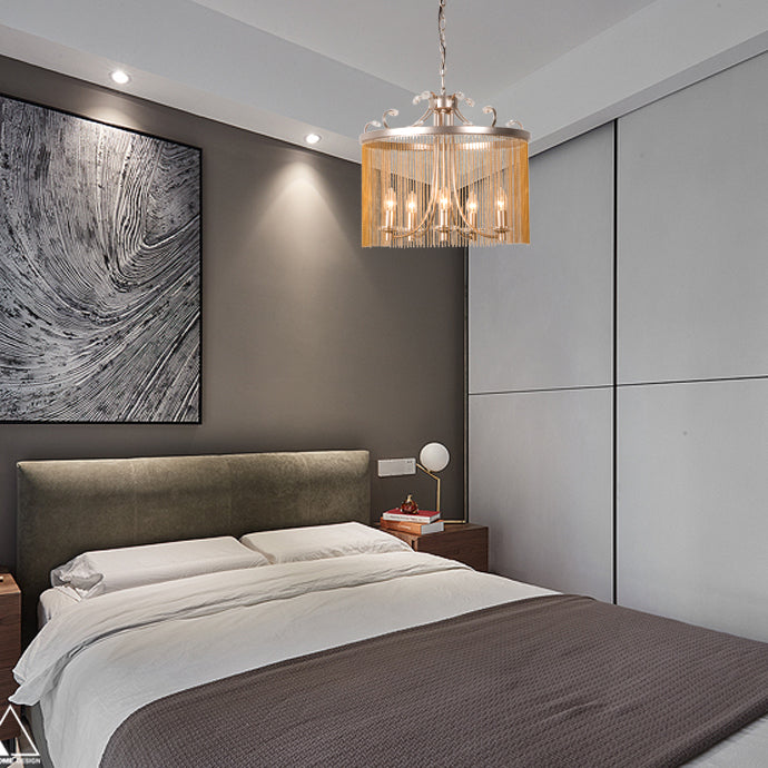 Luz de araña de hilo de cristal de cilindro Modern 3/5/6 Luces de techo dorado Luz de techo, 15 "/19.5" /24.5 "de ancho