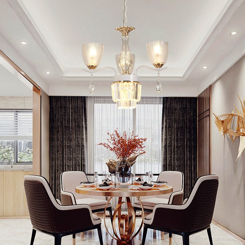 Prismglas Tasse Hängende Lichtkit zeitgenössische 3/6/8 Lichter weiße Kronleuchterlampe mit Kegelkristallschatten