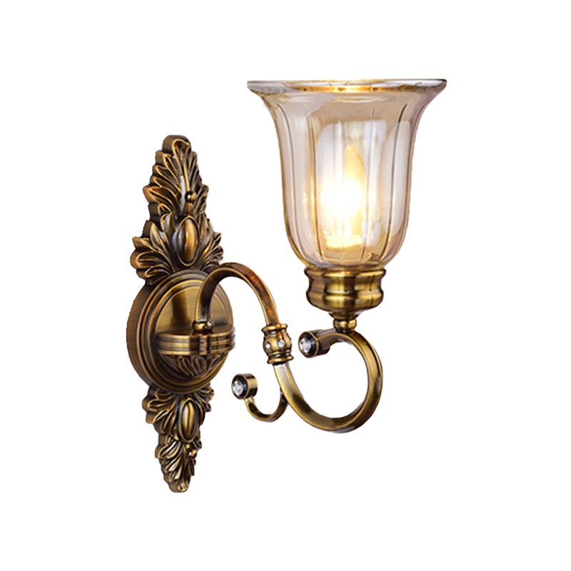1/2-Light Clear Glass Wall Light Traditional Bronze Bell Shade Dining Room Sconce Light with Curvy Arm