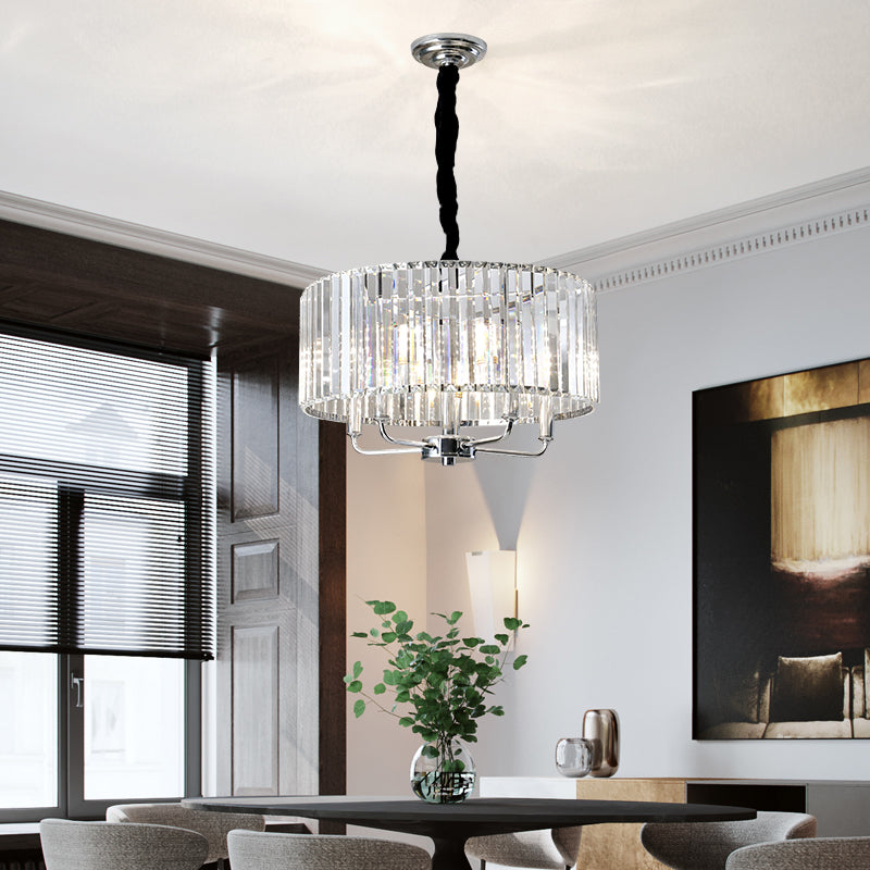 Tri-Sided Glass Rod Drum Ceiling Light Modern 4 Lights Chrome Ceiling Light, 19.5"/23.5" Wide