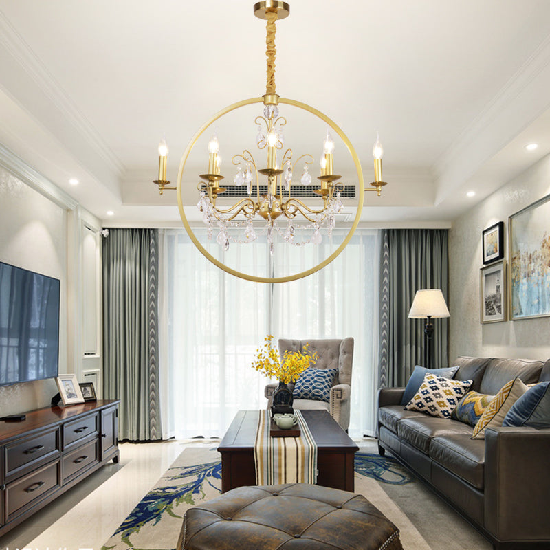 Metal Candelabra Ceiling Suspension Light Modern 6/8 Light Brass Chandelier Light with Crystal Drop