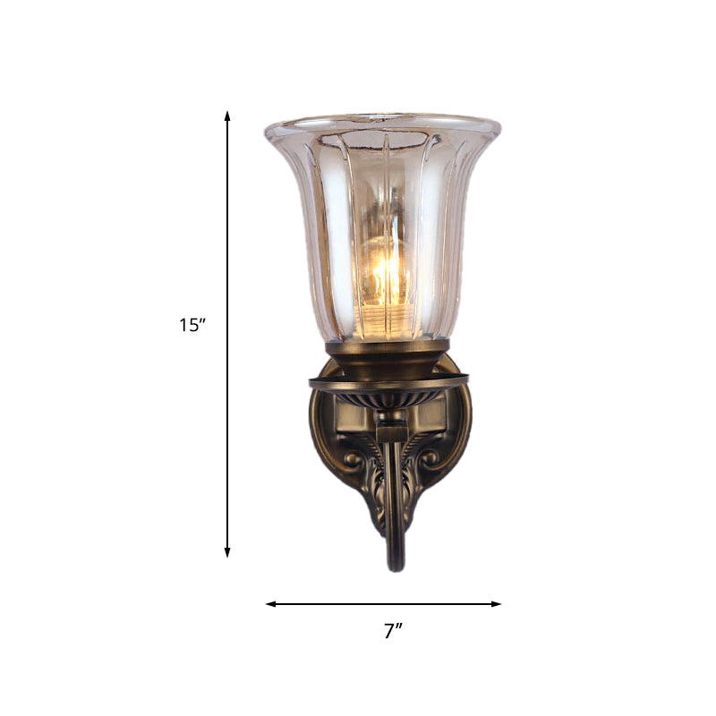 1/2-Light Clear Glass Wall Lamp Antique Bronze Bell Shade Living Room Sconce Light with Arched Arm